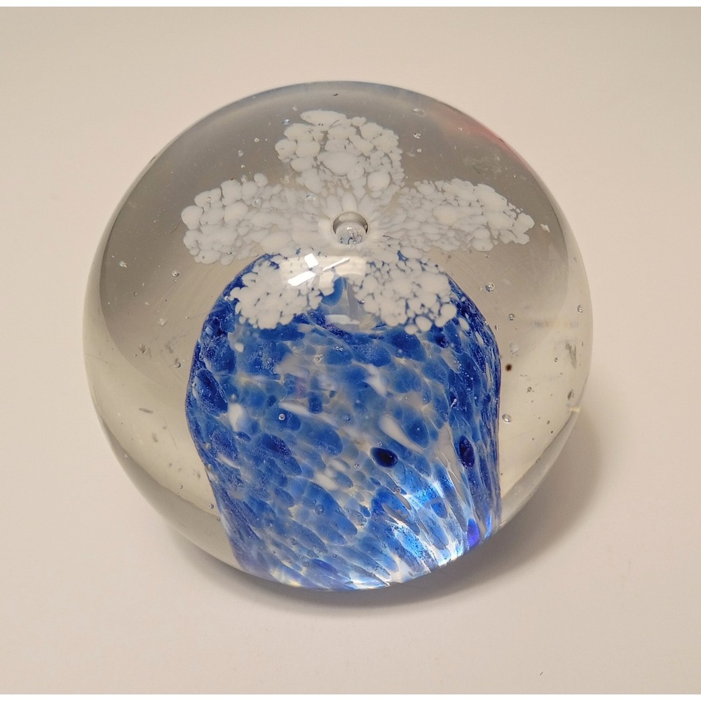 Hand Blown Art Glass Paperweight Round‎ with White Flower and Blue Base
